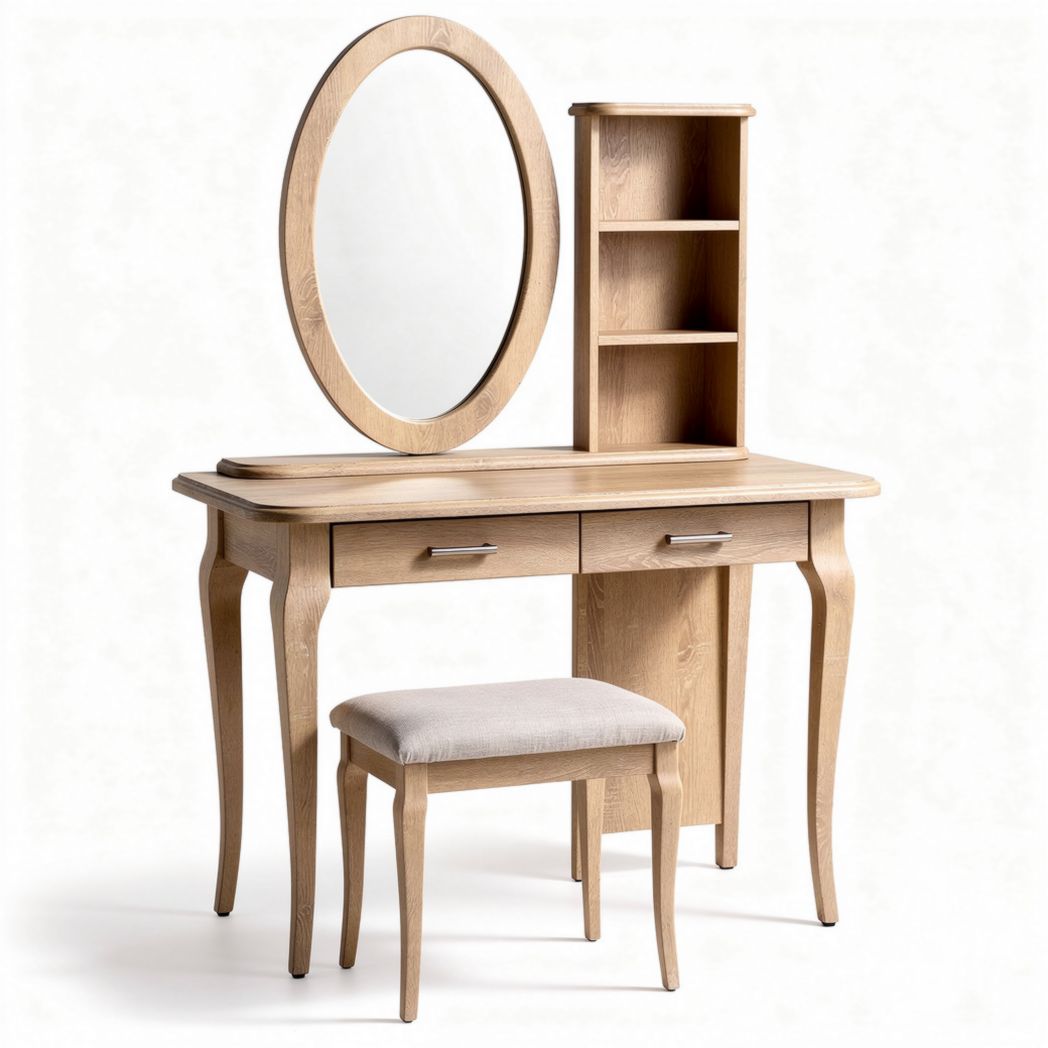 Wooden vanity set with round mirror and open shelf 120 x 40 x 75cm