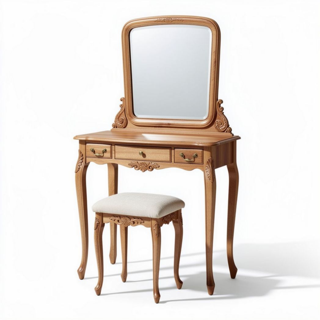 Wooden vanity table with mirror and cushioned stool 80 x 40 x 140cm