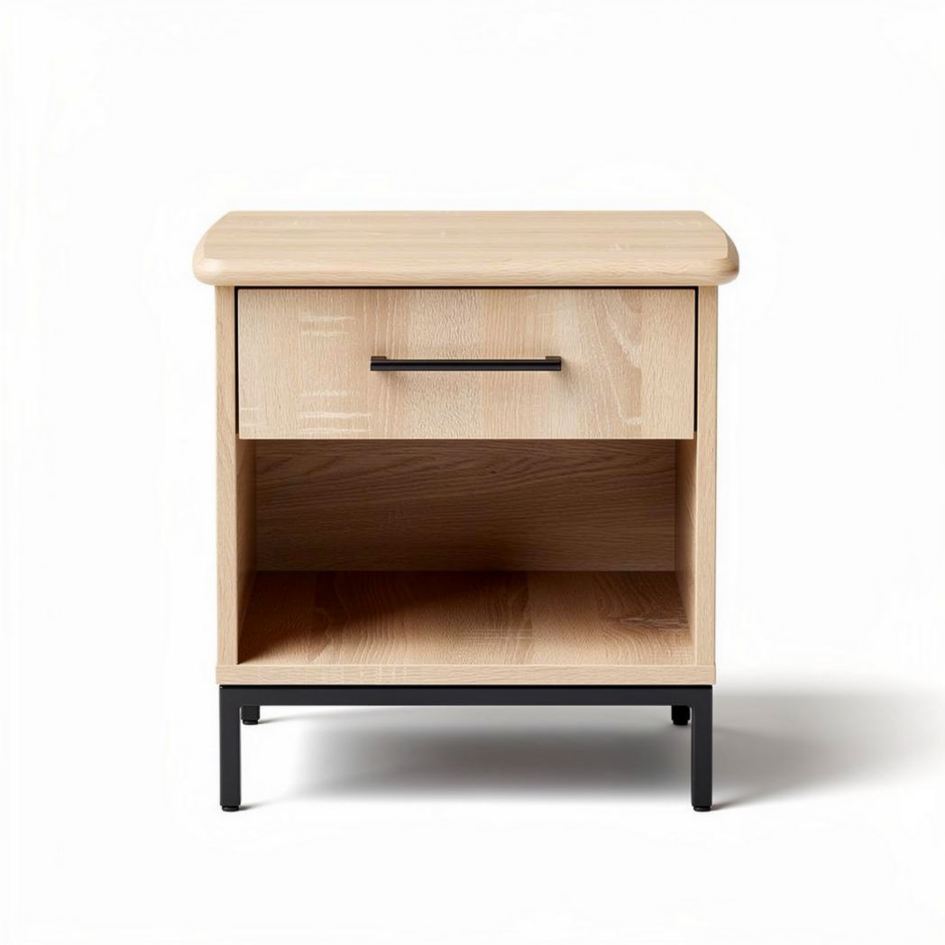 Wood nightstand with one drawer and open shelf in natural finish 40 x 40 x 50cm