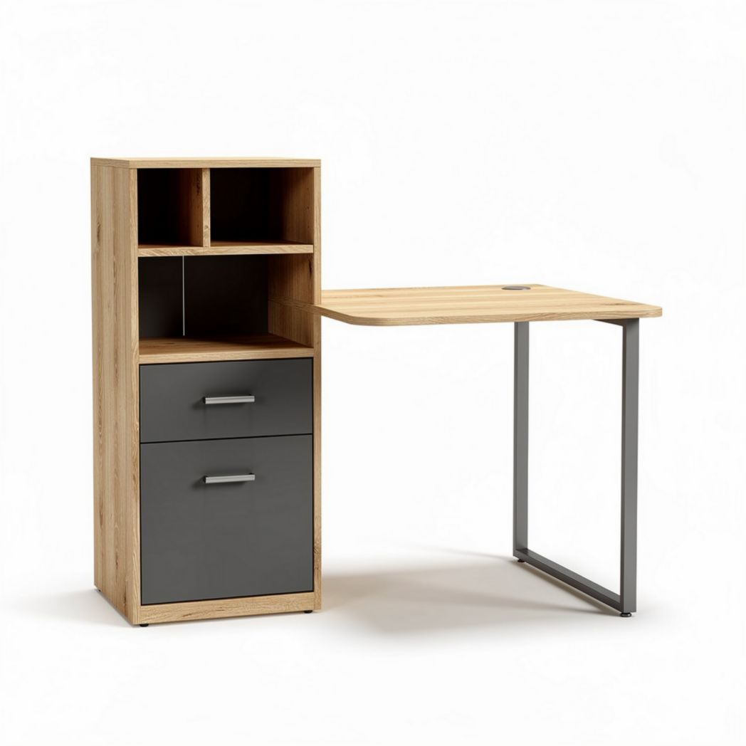 Compact wooden desk with storage shelves and drawer in oak and gray 150 x 60 x 75cm