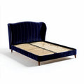 Navy blue upholstered bed frame with wooden slats and tapered legs 210 x 160 x 90cm