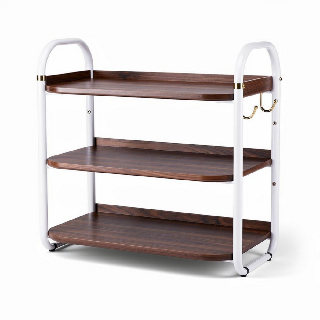 Wooden three-tier rolling cart with white metal frame and hooks 80 x 40 x 81cm