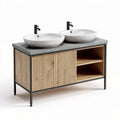 Double sink bathroom vanity with wooden base and gray countertop 120 x 50 x 85cm