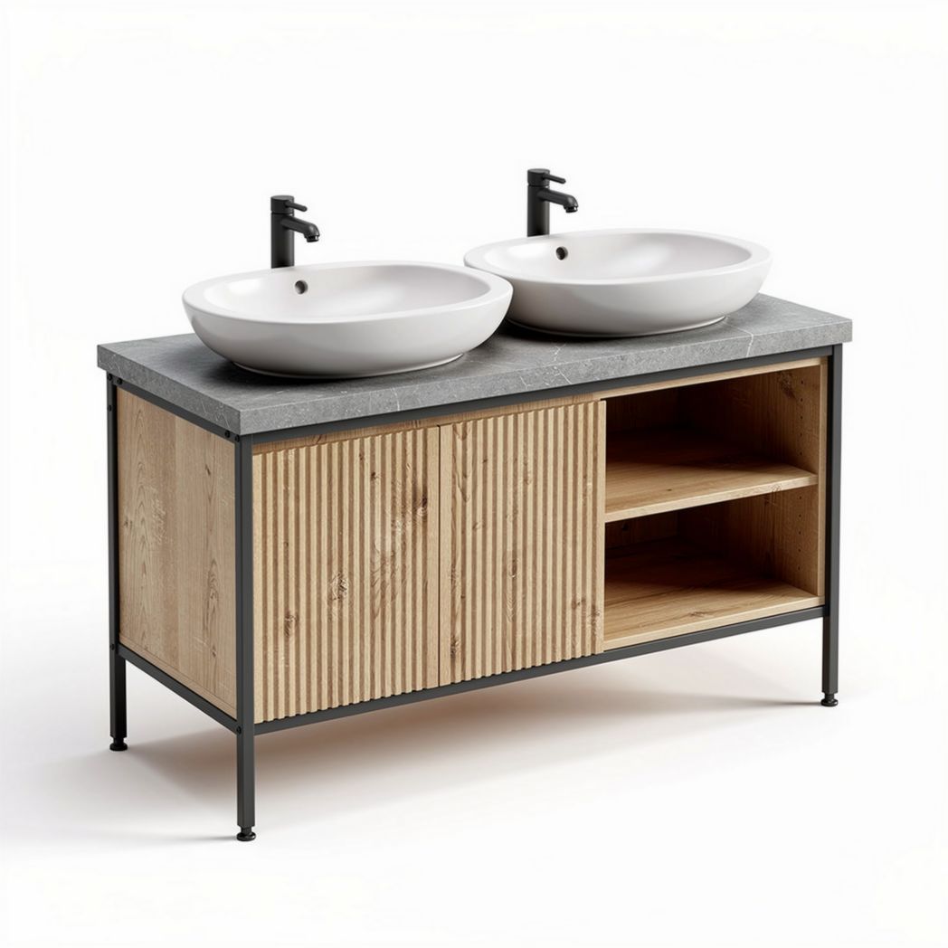 Double sink bathroom vanity with wooden base and gray countertop 120 x 50 x 85cm
