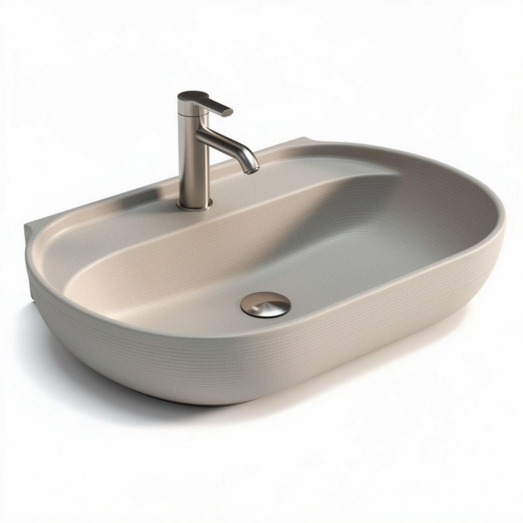 Oval bathroom sink with integrated faucet and textured surface 40 x 20 x 10cm