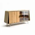 Modern storage cabinet with wooden doors and glass panels 120 x 40 x 75cm
