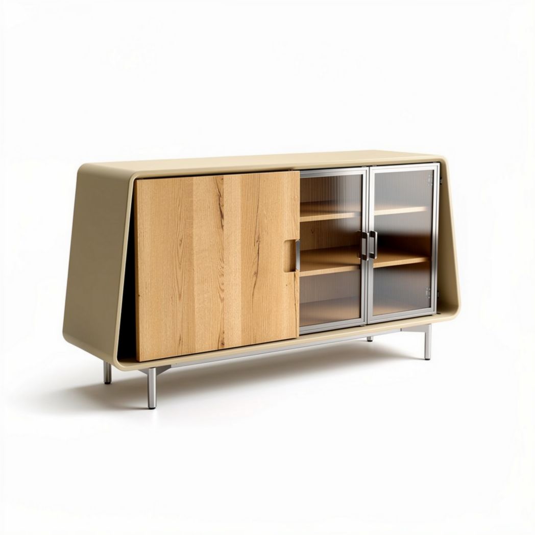 Modern storage cabinet with wooden doors and glass panels 120 x 40 x 75cm