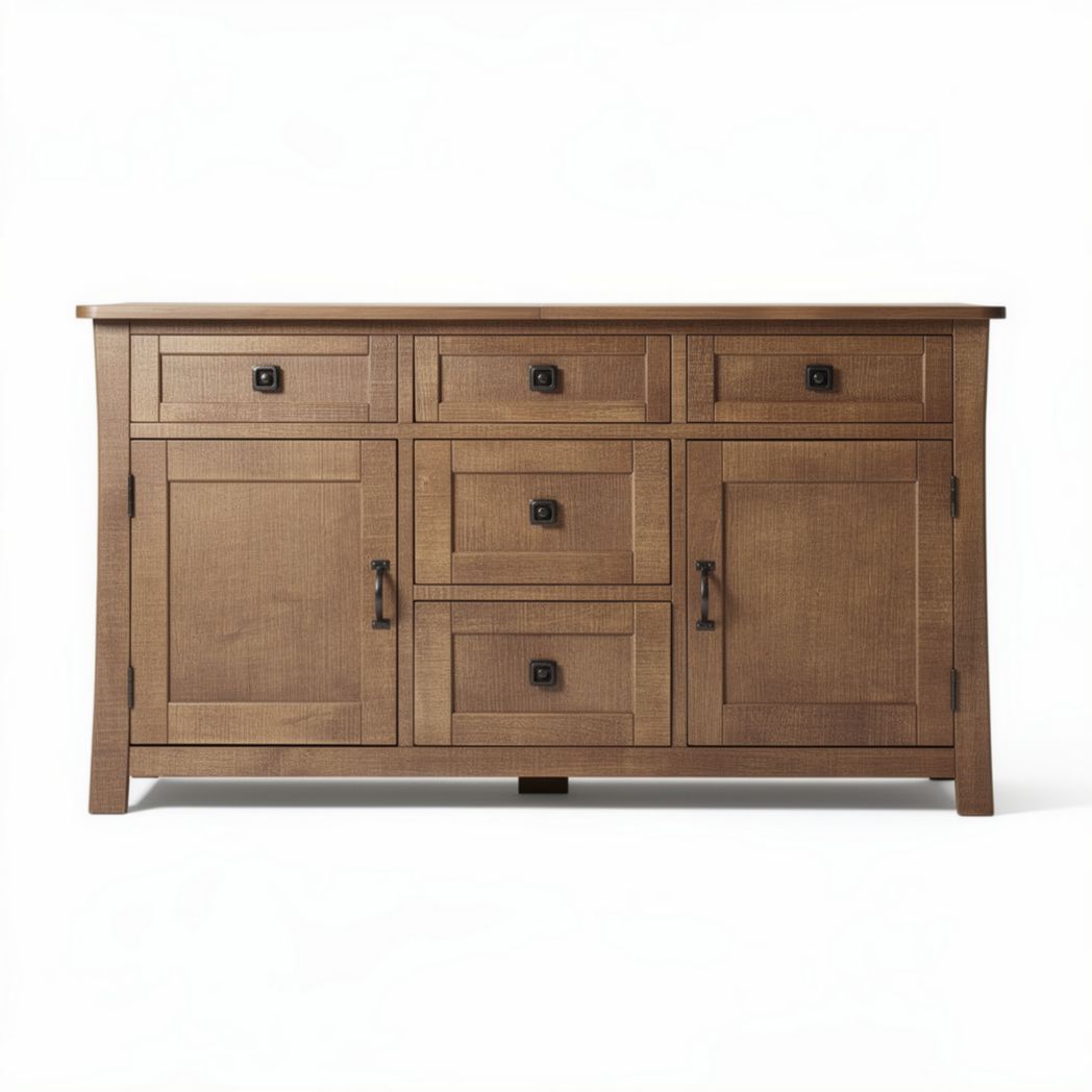 Rustic wooden sideboard with multiple drawers and cabinets in brown finish